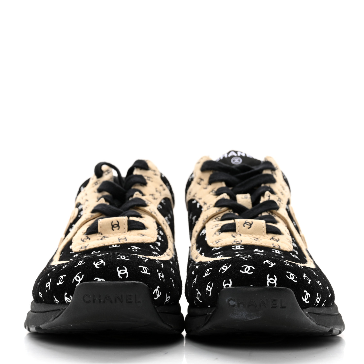 CHANEL Nylon Suede Calfskin Printed CC Sneakers 40 Black Beige