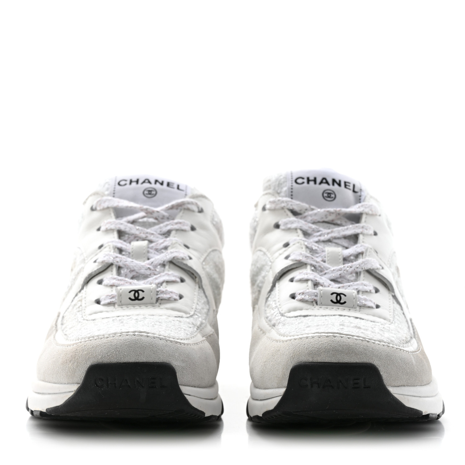CHANEL Painted Iridescent Cotton Tweed Suede Calfskin Womens CC Sneakers 37 White Silver Multicolor