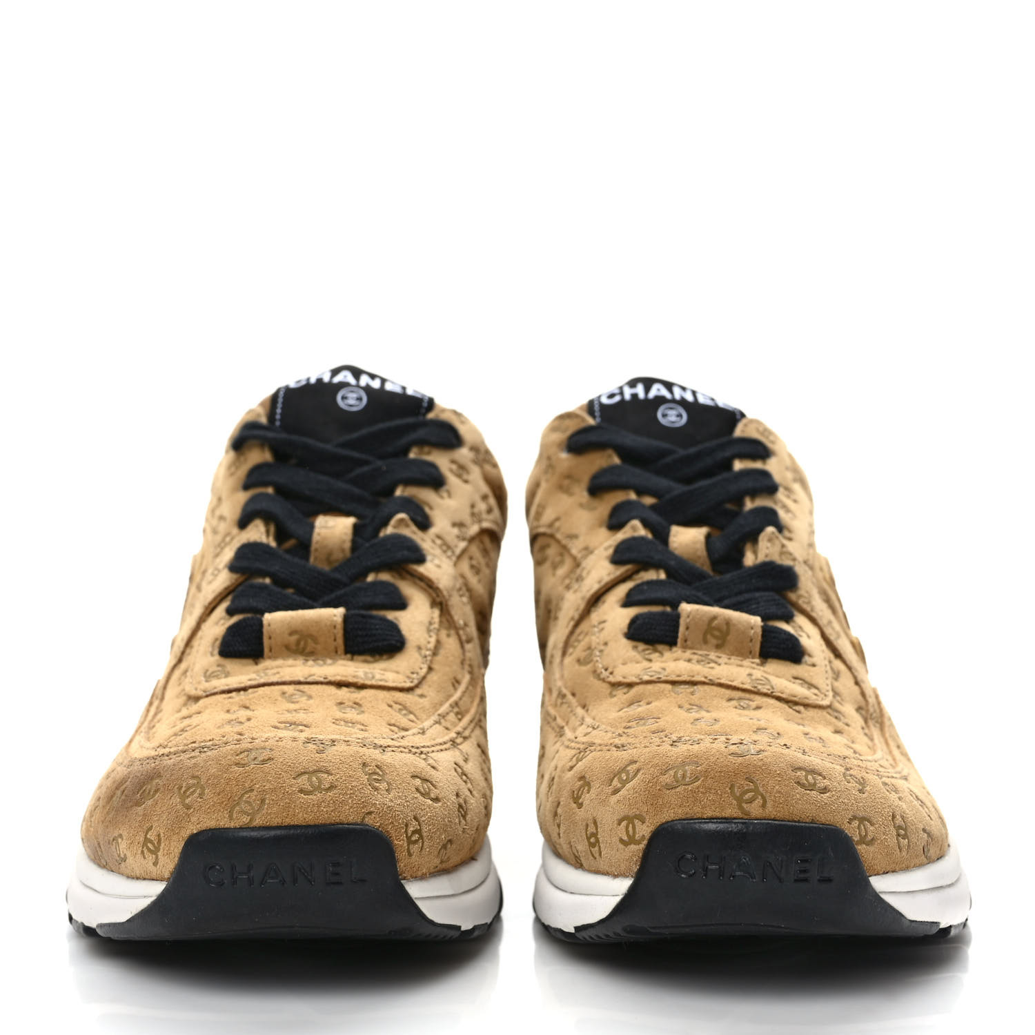 CHANEL Nylon Suede Calfskin Printed CC Sneakers 39.5 Beige
